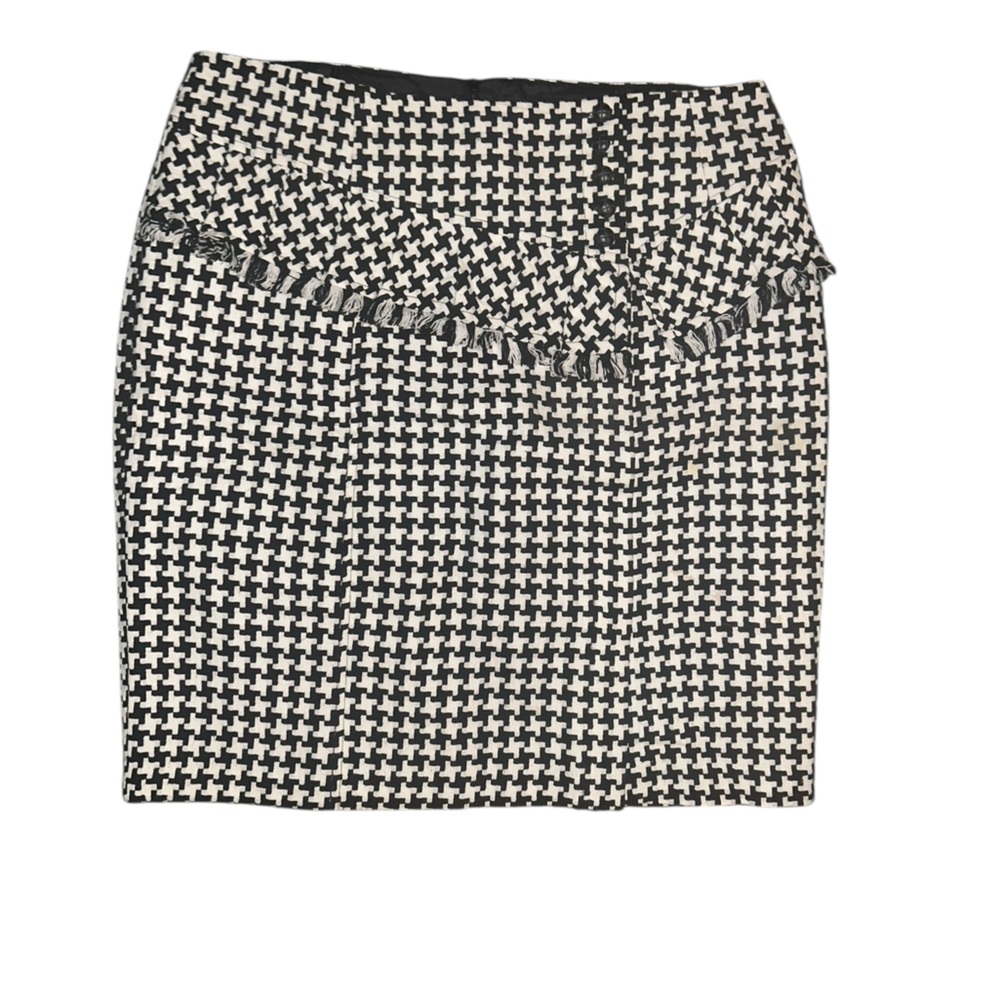 CATO Retro Houndstooth‎ Pencil Skirt 14 Black White knee length Pleated fringed
